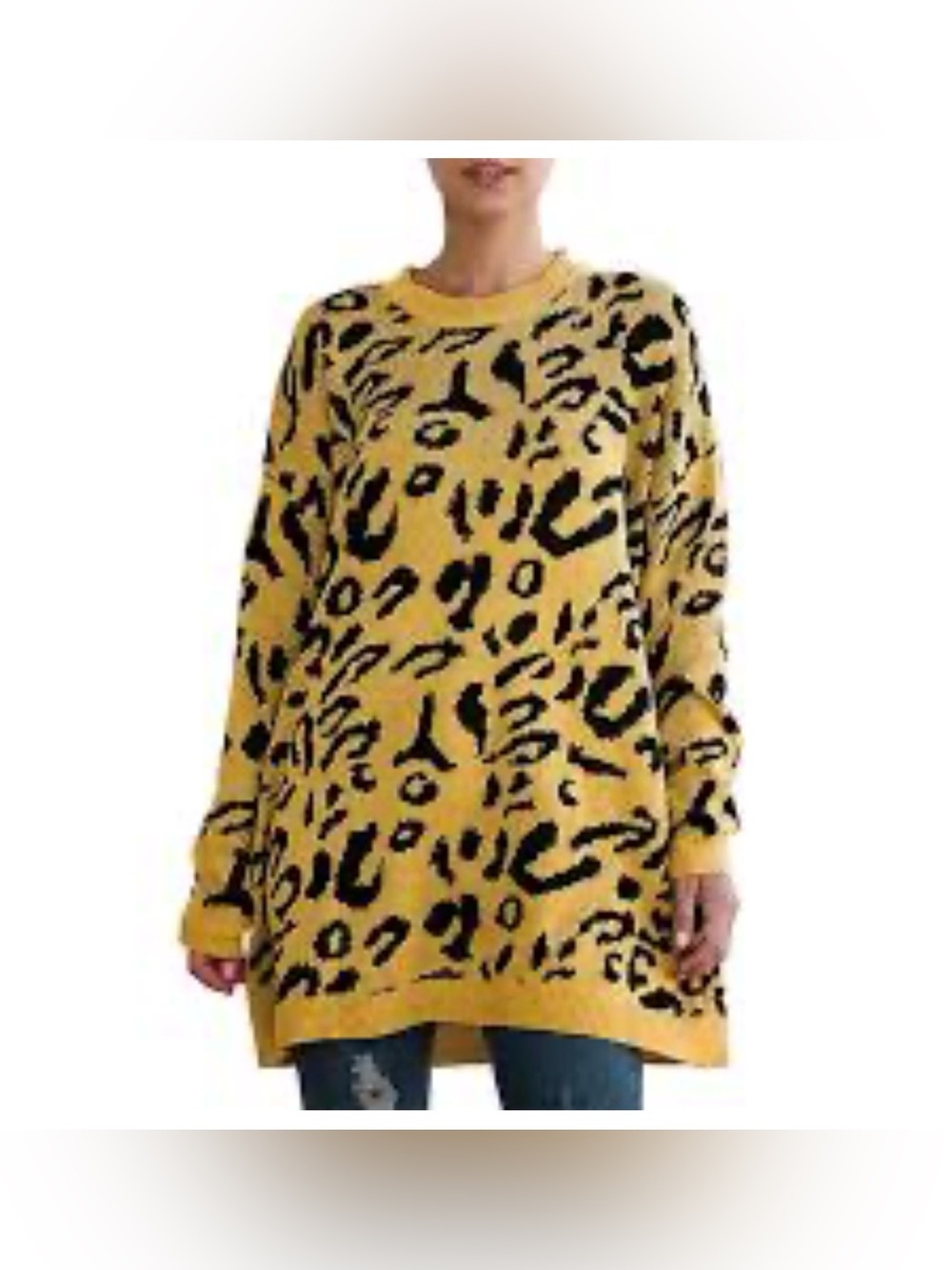 Oversized Yellow Leopard Print Knit Sweater Dress - Size Large